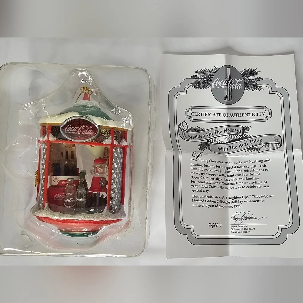 ​1998 Coca-Cola Enesco Christmas Ornament Brighten Up The Holidays COA NIB